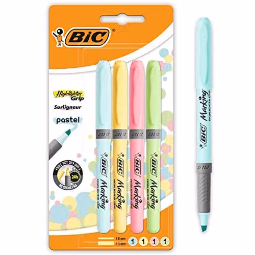 BIC Highlighter Pens Multipack with Grip in Pastel Colours, Pack of 4