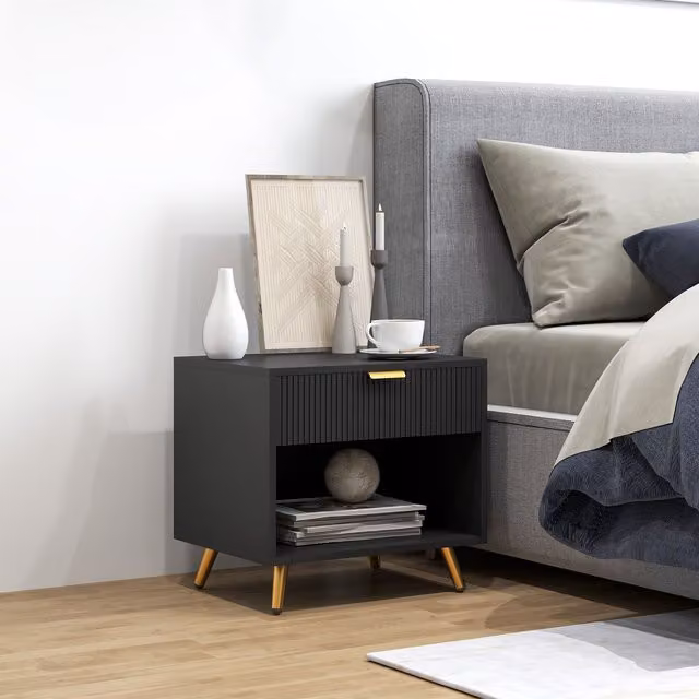 HOMCOM Modern Black Bedside Table with Drawer and Open Compartment – 1