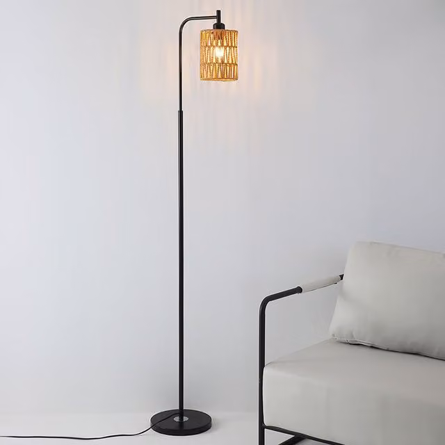 Livingandhome Modern Black Rattan Floor Lamp with Cylindrical Metal Shade