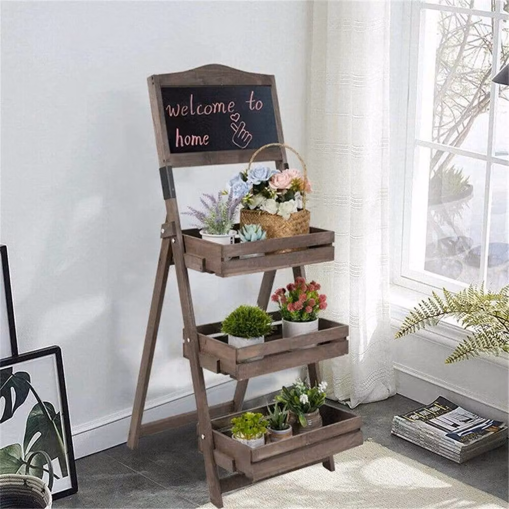 EONLION 3 Tier Rustic Brown Wooden Plant and Flower Display Stand – 3