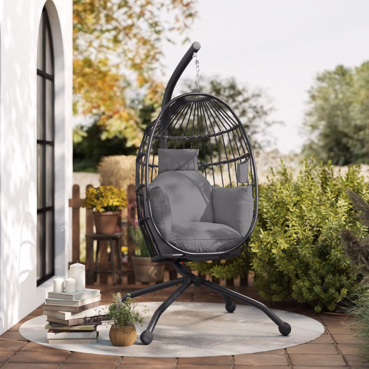 Outsunny Hanging Egg Chair with Stand and Cushions, Dark Grey Rattan Swing Chair for Indoor and Outdoor Use – 9