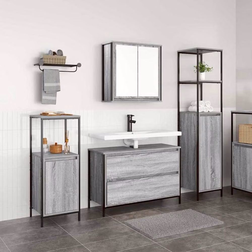 Berkfield Home 3 Piece Modern Grey Bathroom Furniture Set with Vanity Unit and Hinged Doors – 2
