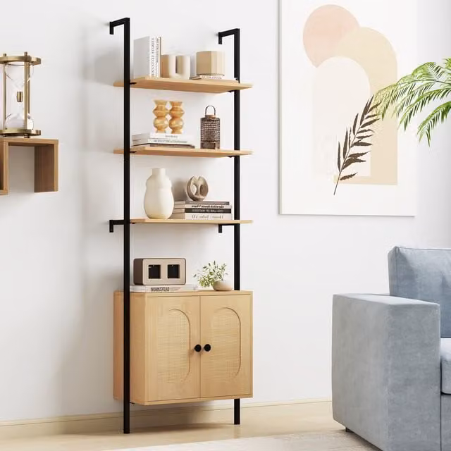 Costway Scandinavian Wall Mount Bookcase with Rattan Cabinet in Beige and Brown