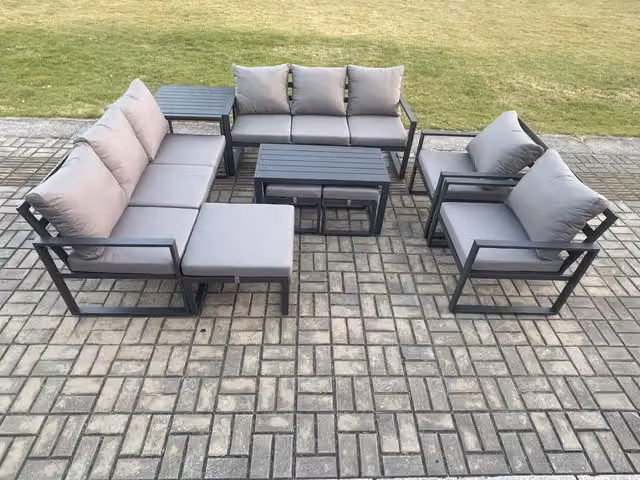 Fimous Modern Aluminium Outdoor Garden Furniture Set in Dark Grey with 3-Seater Sofa, 2-Seater Sofa, Coffee Table, Side Table and 3 Footstools