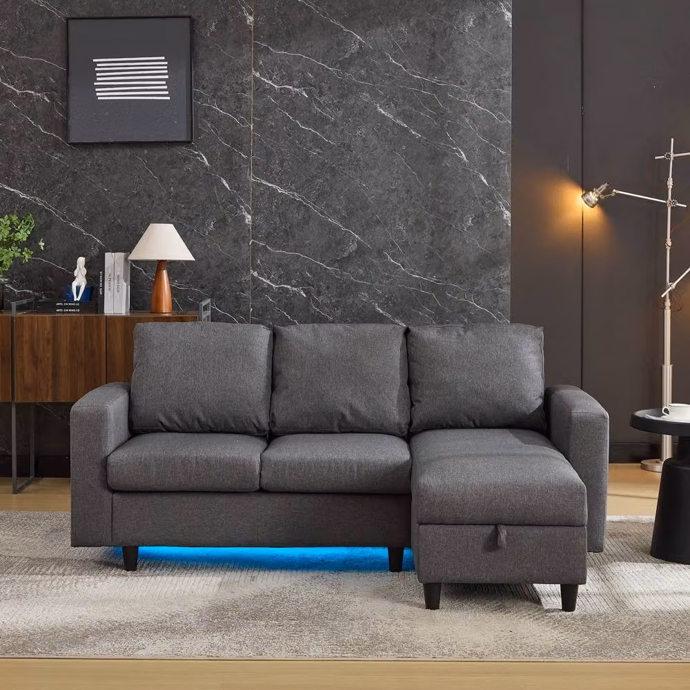 Merax 3-Seater Reversible L-Shape Corner Sofa in Grey with LED Lighting, USB Charging and Pull-Out Drawer, W/D/H: 180 x 120 x 72 cm – 3