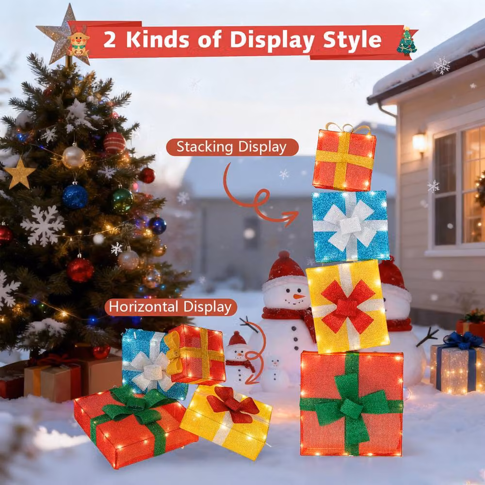 Costway 4 Ft Pre-lit Stackable Multicolour Christmas Gift Box Decorations – 8