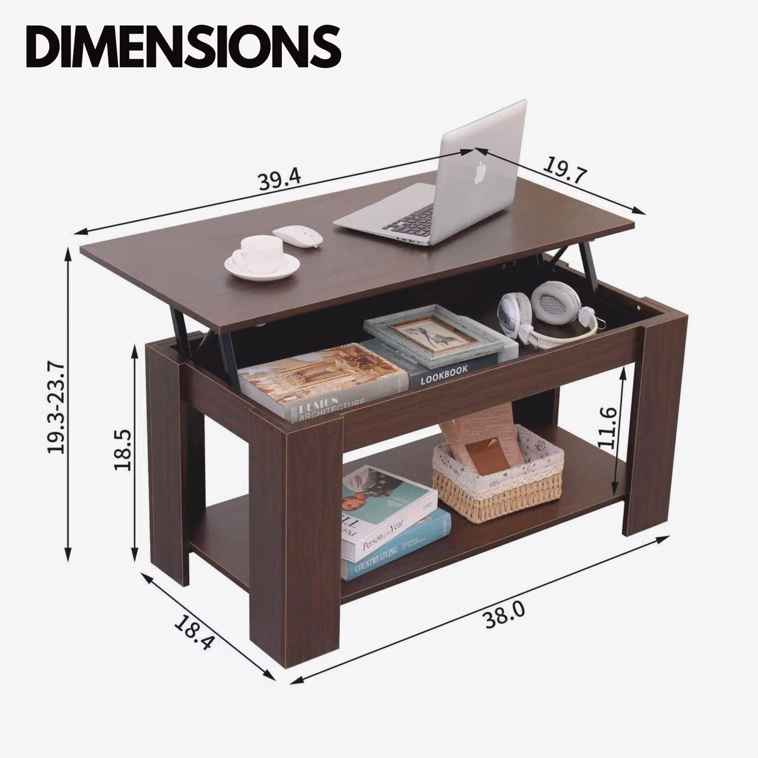 Rafaelo Mobilia Industrial Dark Brown Lift Top Coffee Table with Hidden Storage – 4