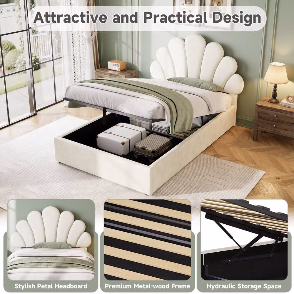 Matteo Single Upholstered Bed with Petal Headboard and Hydraulic Storage, Beige, W/D/H: 90 x 190 cm – 3