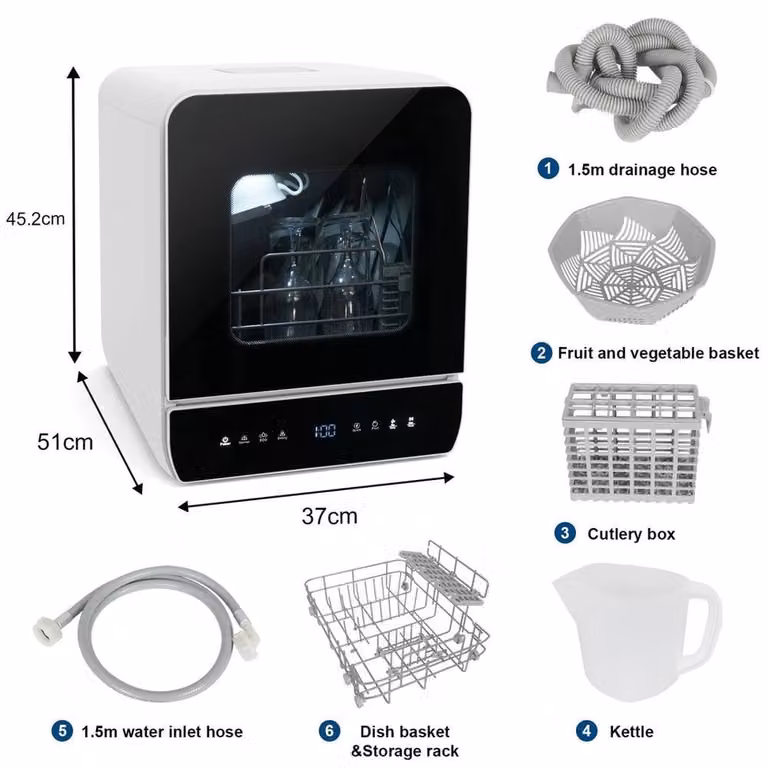 PAWNORA White Countertop Mini Dishwasher with 5L Water Tank