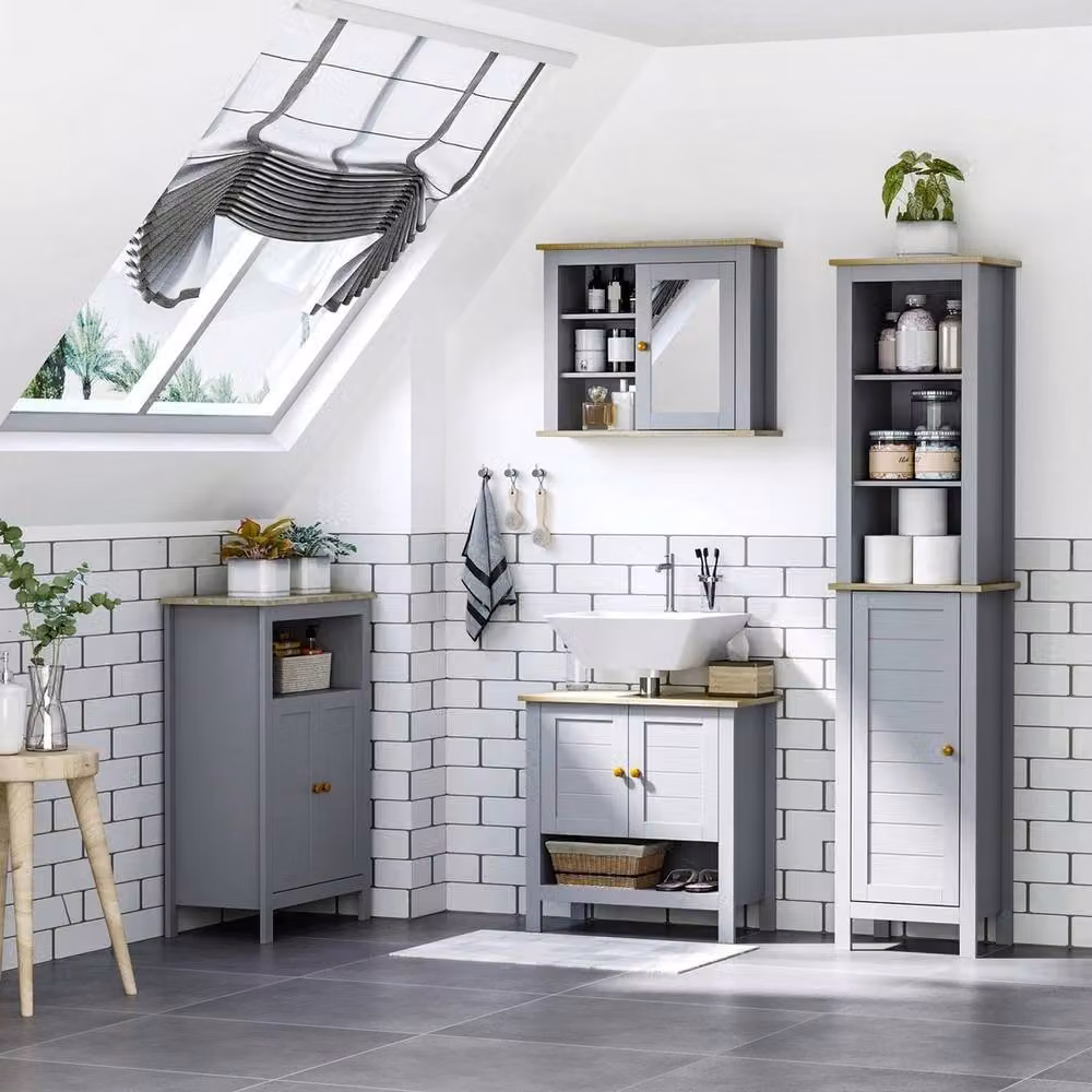 FORGEVIO Grey Retro Freestanding Bathroom Floor Cabinet with Hinged Doors and Internal Shelves – 3