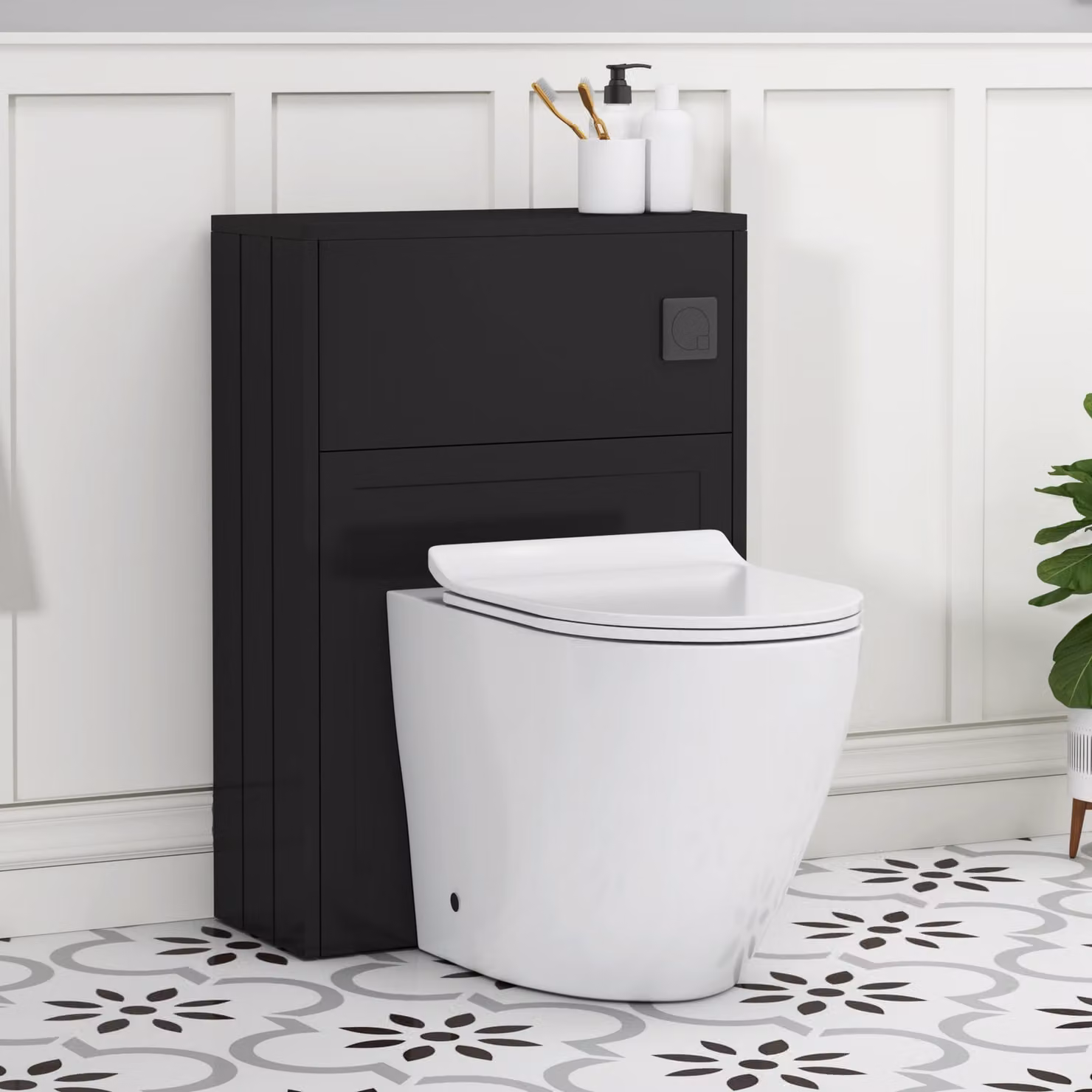Royal Bathrooms Elmore Wall Mounted WC Unit in Matte Nocturne Black with Elva Rimless Ceramic Toilet Pan, Slim Soft Close Seat and Cistern, Width: 55 cm