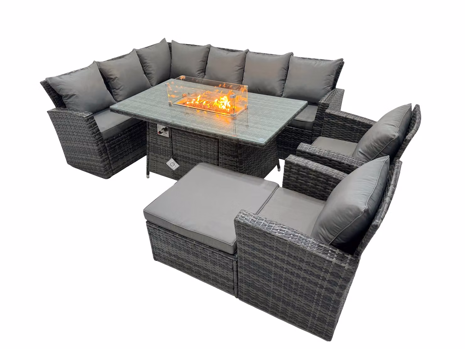 Fimous Dark Grey Rattan Outdoor Patio Gas Firepit Table Sofa Set with Large Stool and 2 Chairs – 2