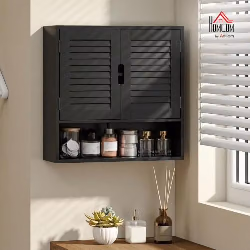HOMCOM Modern Black Wall Mounted Bathroom Cabinet with Hinged Doors and Internal Shelves, W: 60 cm, D: 20 cm, H: 60 cm – 2