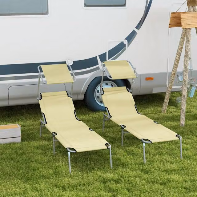 OUTSUNNY Set of 2 Folding Sun Loungers with Sunshade and Adjustable Headrest in Beige