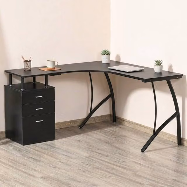 STILVORA L-Shaped Corner Desk with Single Pedestal in Black Matt Finish – 1
