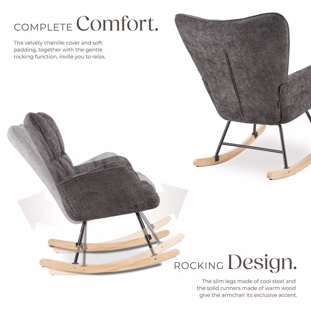 tectake Torve Rocking Chair with Plush Quilted Padding and Wooden Runners in Dark Grey – 3