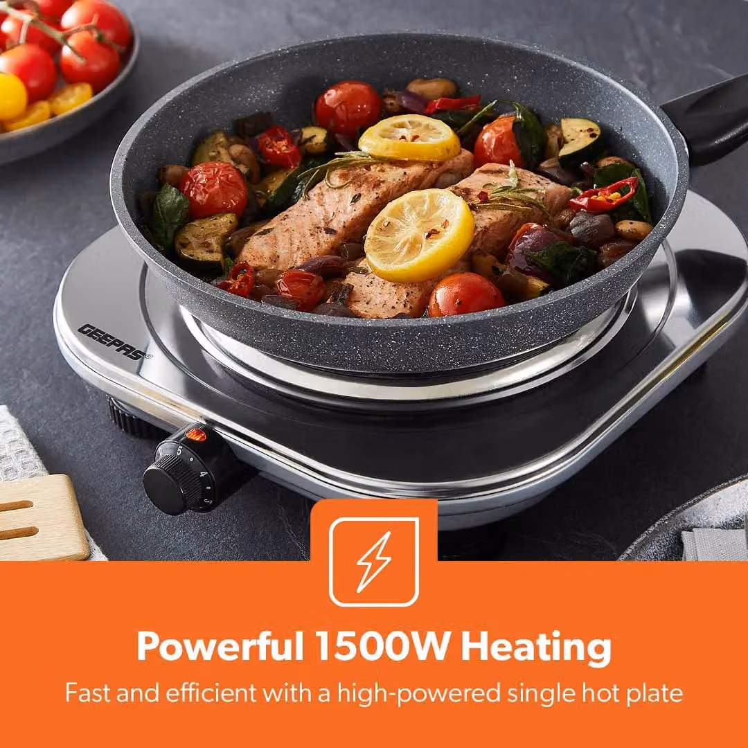 Geepas 1500W Single Hot Plate Electric Cooker with Cast Iron Radiant Hob in Metallic Silver – 3