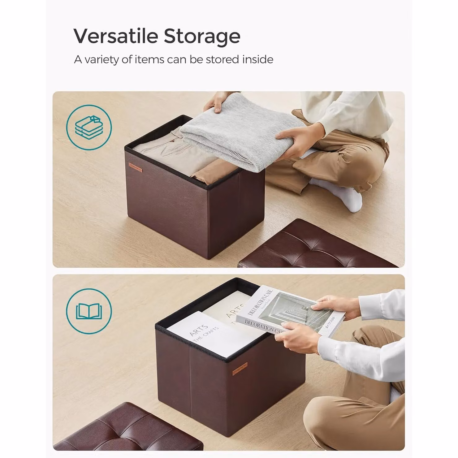 SONGMICS Small Cube Foldable Storage Ottoman and Foot Rest in Brown Synthetic Leather – 4