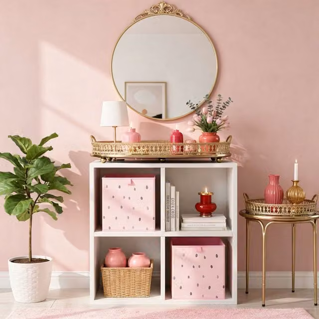 OHS Pair of 2 Foldable Crushed Velvet Fabric Storage Box Cubes in Pink – 2
