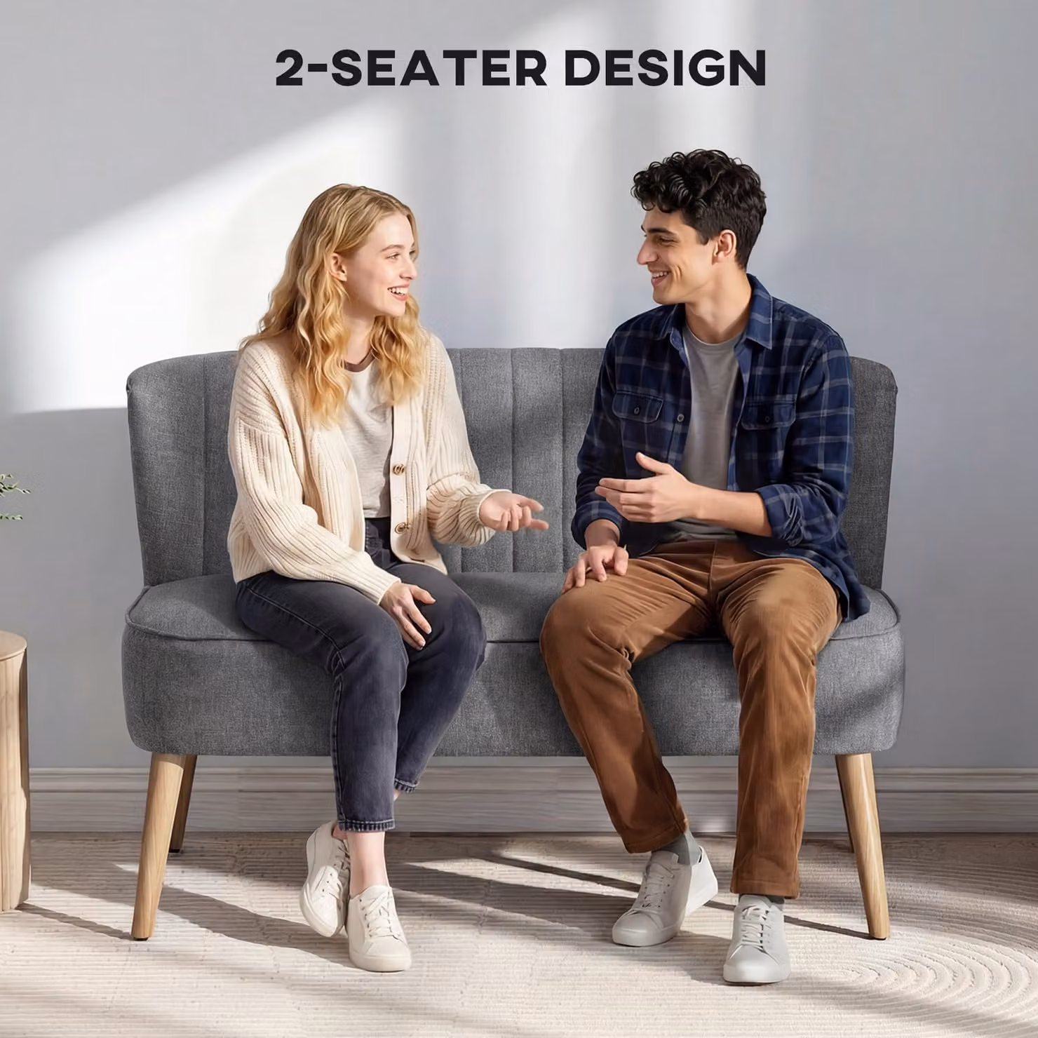 HOMCOM Grey Upholstered 2 Seater Loveseat Sofa with Rubberwood Legs – 4