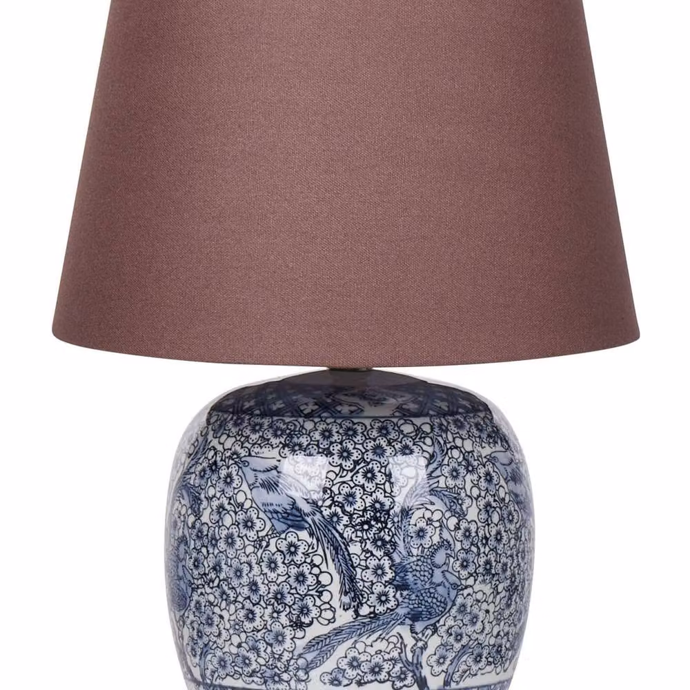 Wyld and Coco Bluehaven Blue and White Porcelain Bedside Lamp with Brown Linen Shade, Height: 53 cm – 2