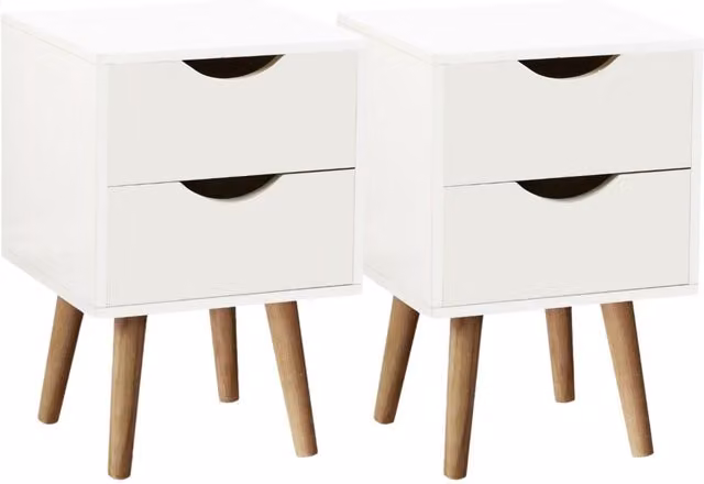 Home Source Modern 2 Drawer Bedside Cabinet in White with Wooden Legs W/D/H: 30 x 30 x 45 cm