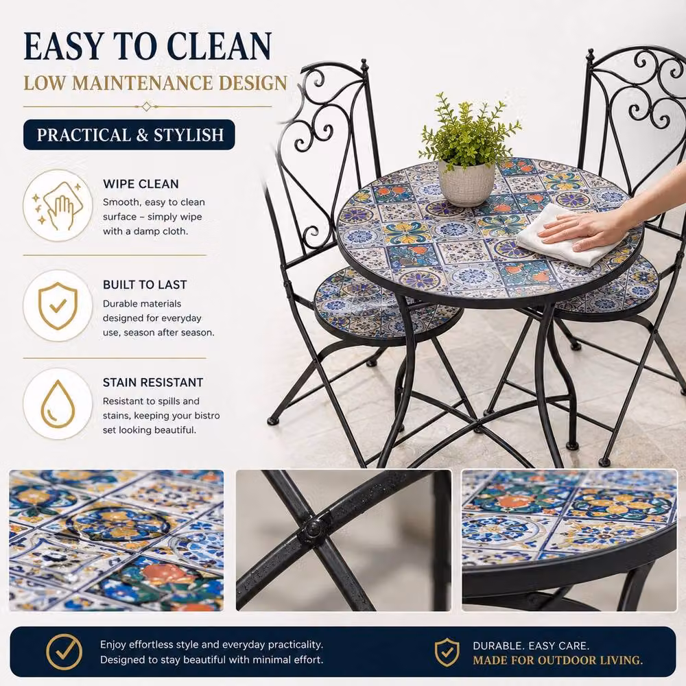 Shatchi Mediterranean Mosaic Bistro Set with Round Ceramic Table and 2 Folding Metal Chairs in Multicolour – 10