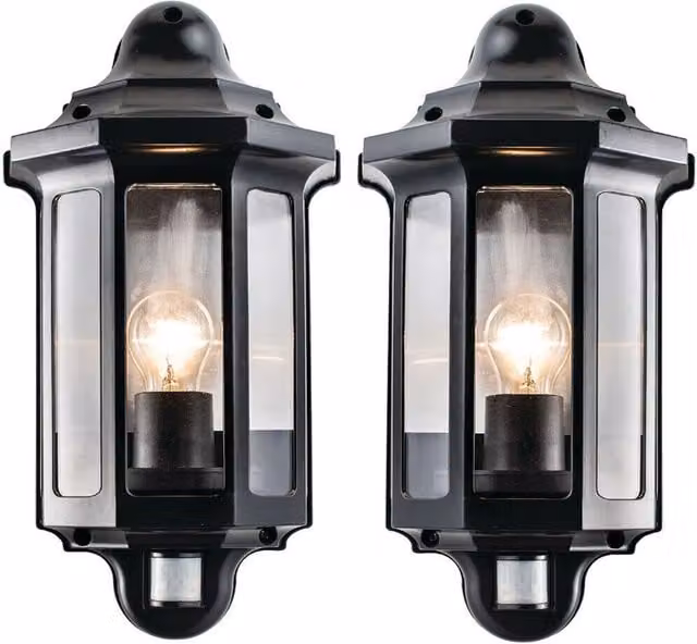 Loops 2 Pack Traditional Outdoor Wall Lanterns in Satin Black with PIR Motion Sensor and Timer, IP44 Rated – 1