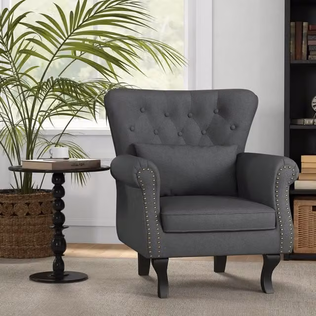 HOMCOM Wingback Armchair Upholstered Fireside Chair with Pillow in Dark Grey