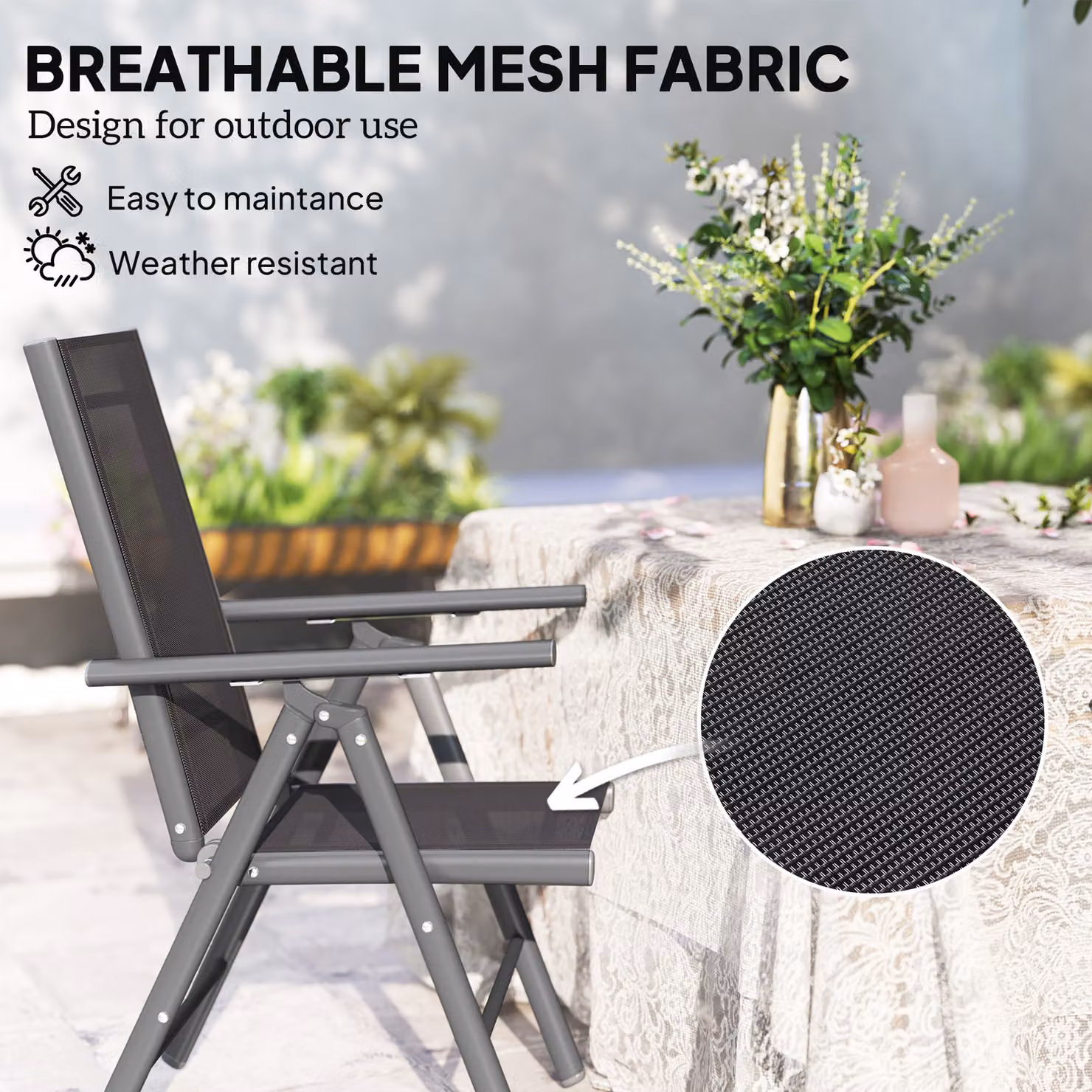Outsunny Set of 2 Folding Camping Chairs with Powder Coated Aluminium Frame and Breathable Textilene Mesh in Dark Grey – 5