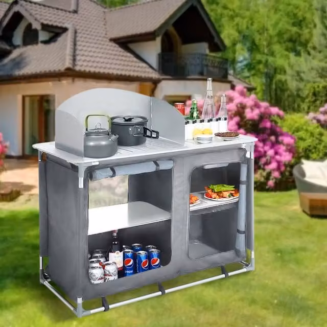 Livingandhome Grey Folding Portable Camping Table and Kitchen Cookware Storage Cupboard