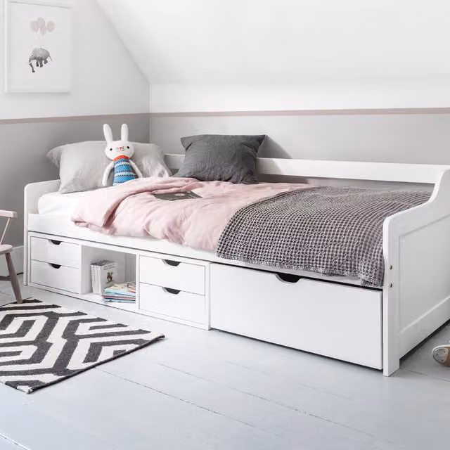Noa and Nani Eva Day Bed with Pull out Drawers and Shelves in White Solid Pine Wood