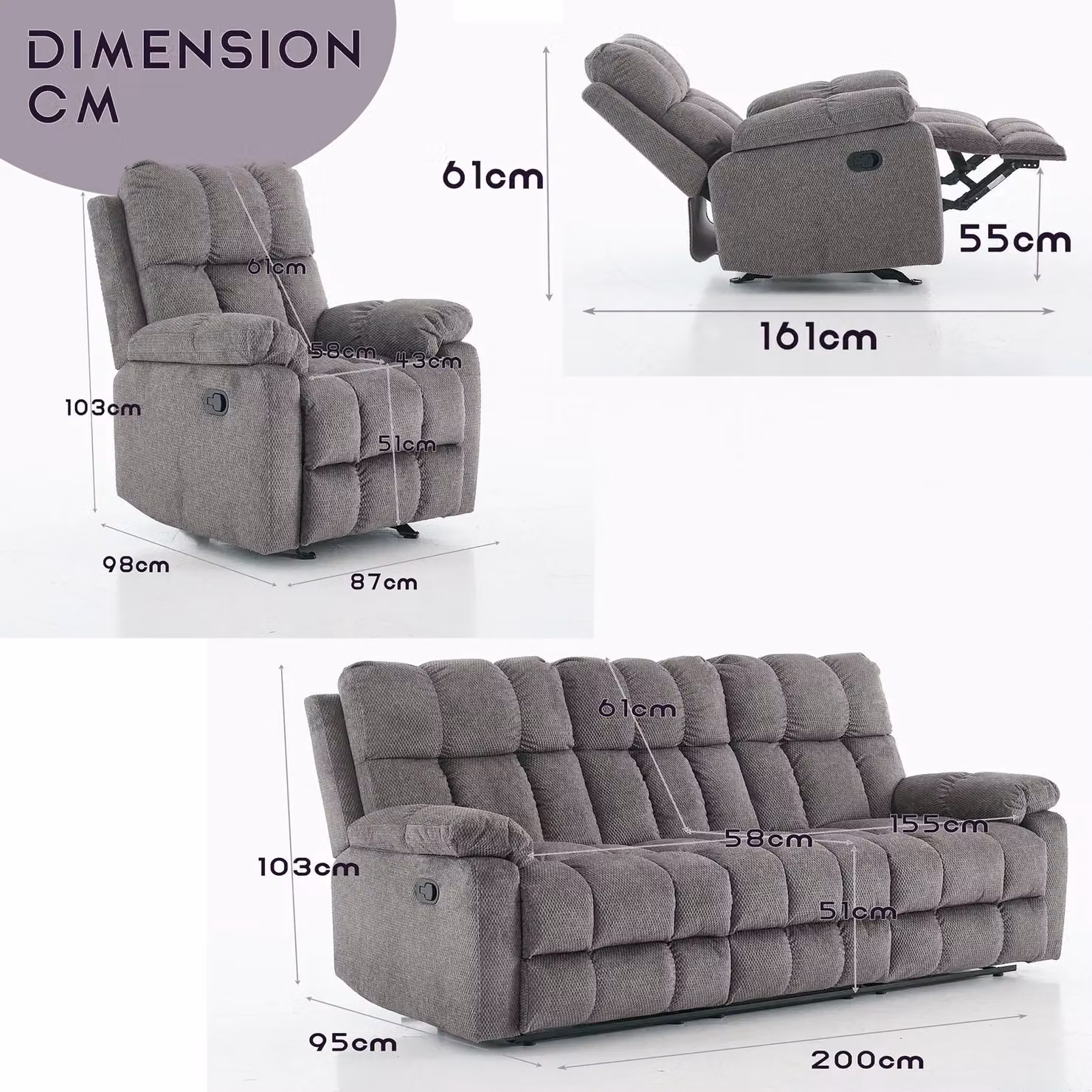 FURNITURE ONE Grey Fabric Manual Recliner Sofa Set with 2 Seater and 3 Seater Sofas – 2