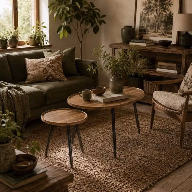 Wyld Haus Suta Set of 2 Round Nesting Coffee Tables in Brown Chestnut Wood Effect and Black Metal
