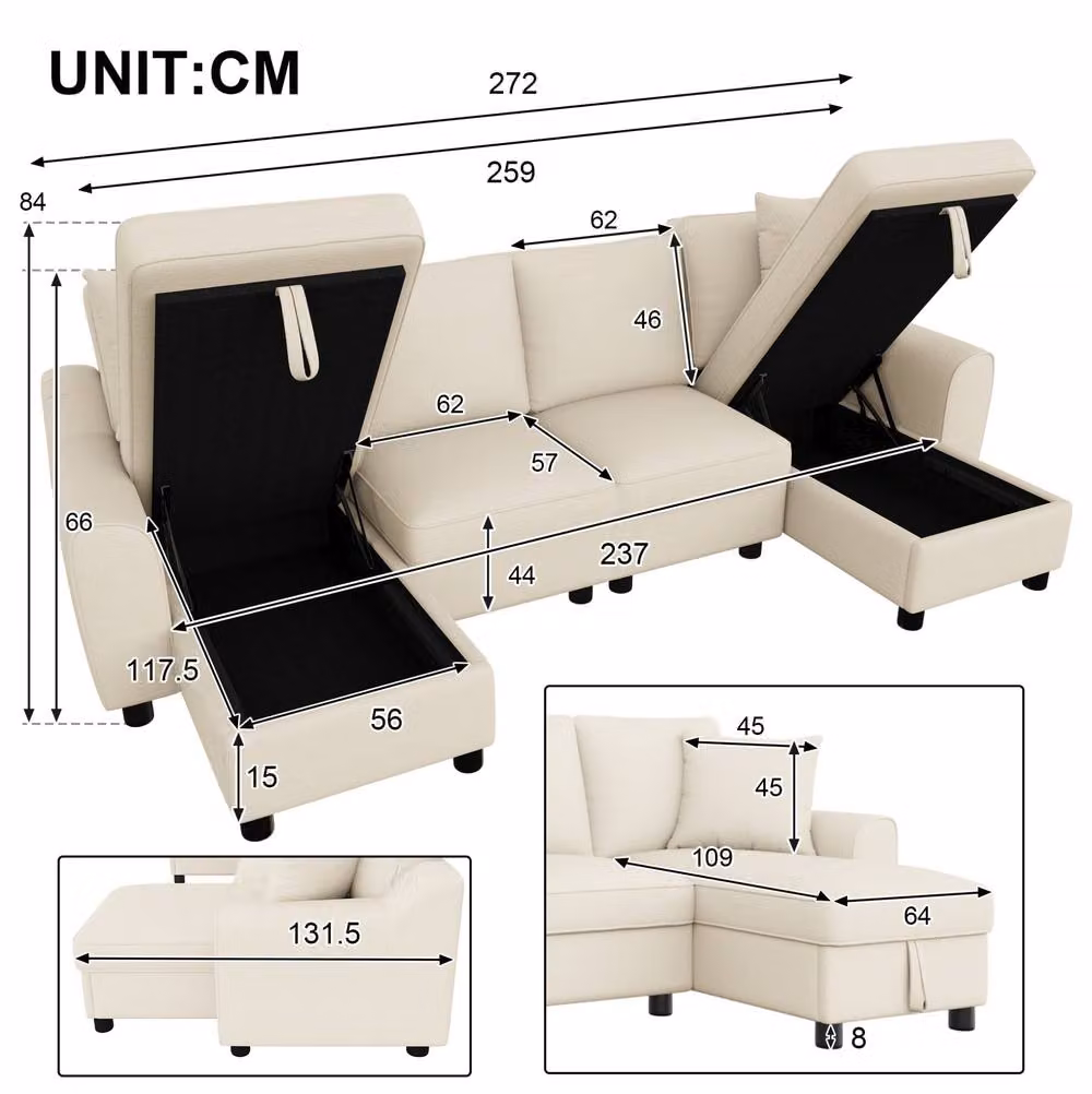 STILVORA U-Shaped Fabric Sofa in Beige with 2 Storage Chaise Lounges – 2