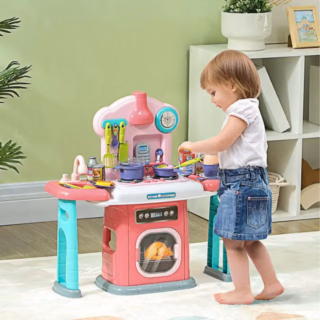 AIYAPLAY 45-Piece Kids Kitchen Playset with Rotating Side Tables in Multicolour and Red