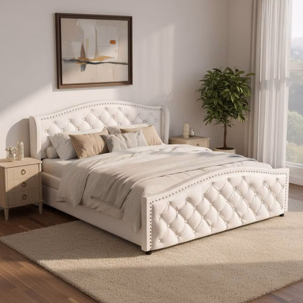 Rolipo Upholstered Chesterfield Double Bed Frame with Drawers in White Faux Leather, W/D/H: 135 x 190 x 100 cm – 2