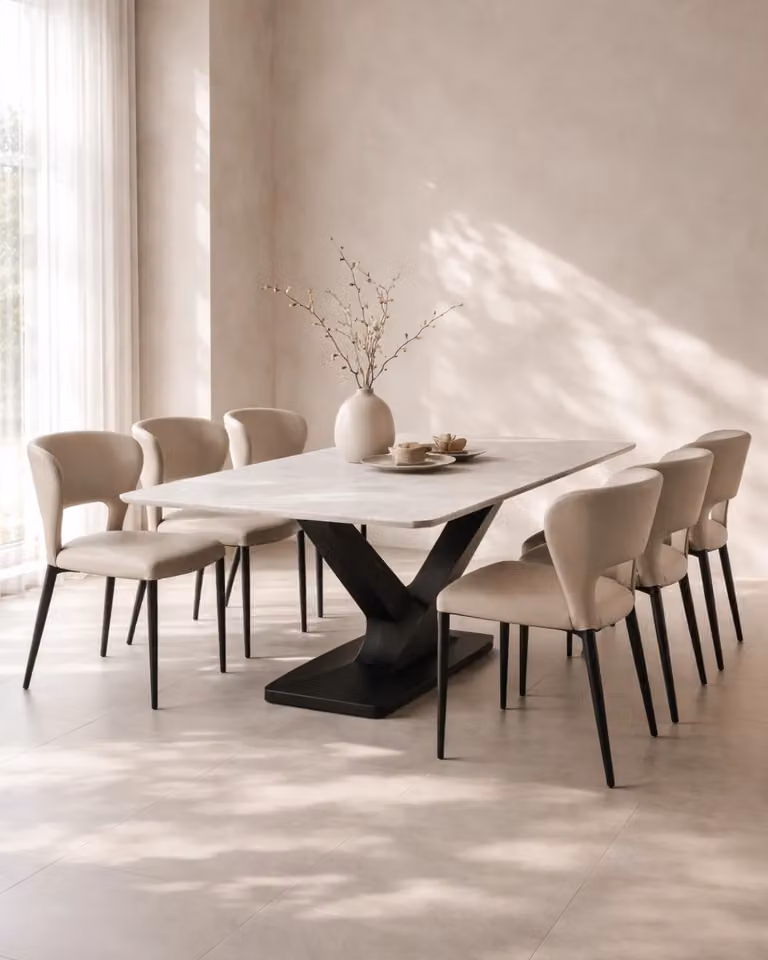 Tommy Franks Campo Rectangular Dining Table in Grey and Black Marble with X-Frame Metal Legs