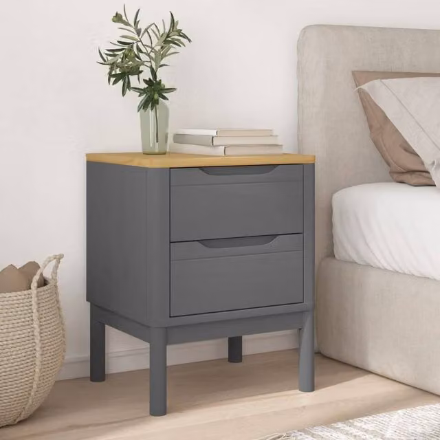 Berkfield Home Beautiful Floro Bedside Cabinet, Grey Solid Wood Pine, W: 45 cm, D: 39 cm, H: 57 cm