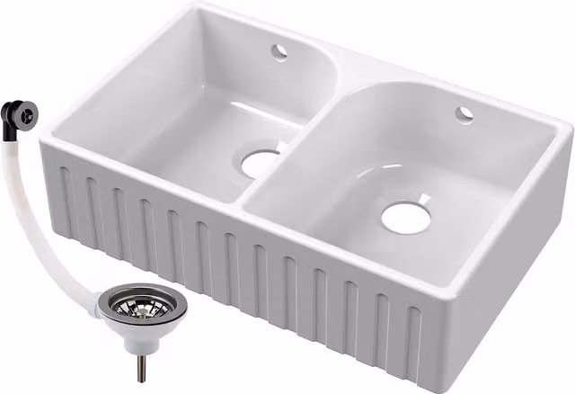 Balterley BKS239W2 White Fireclay Double Bowl Fluted Front Butler Kitchen Sink