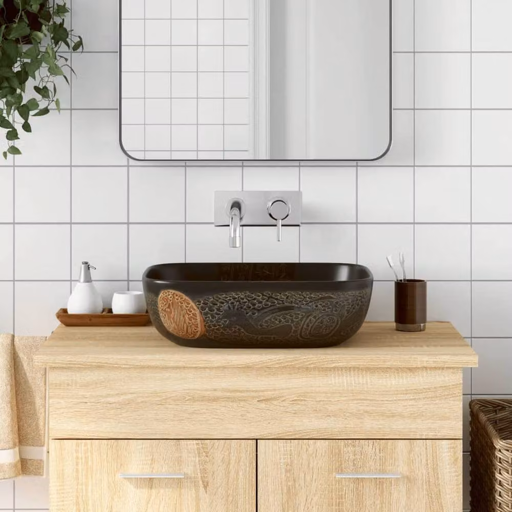 Berkfield Home Black Rectangular Ceramic Countertop Basin W: 48 cm, D: 37.5 cm, H: 13.5 cm – 2