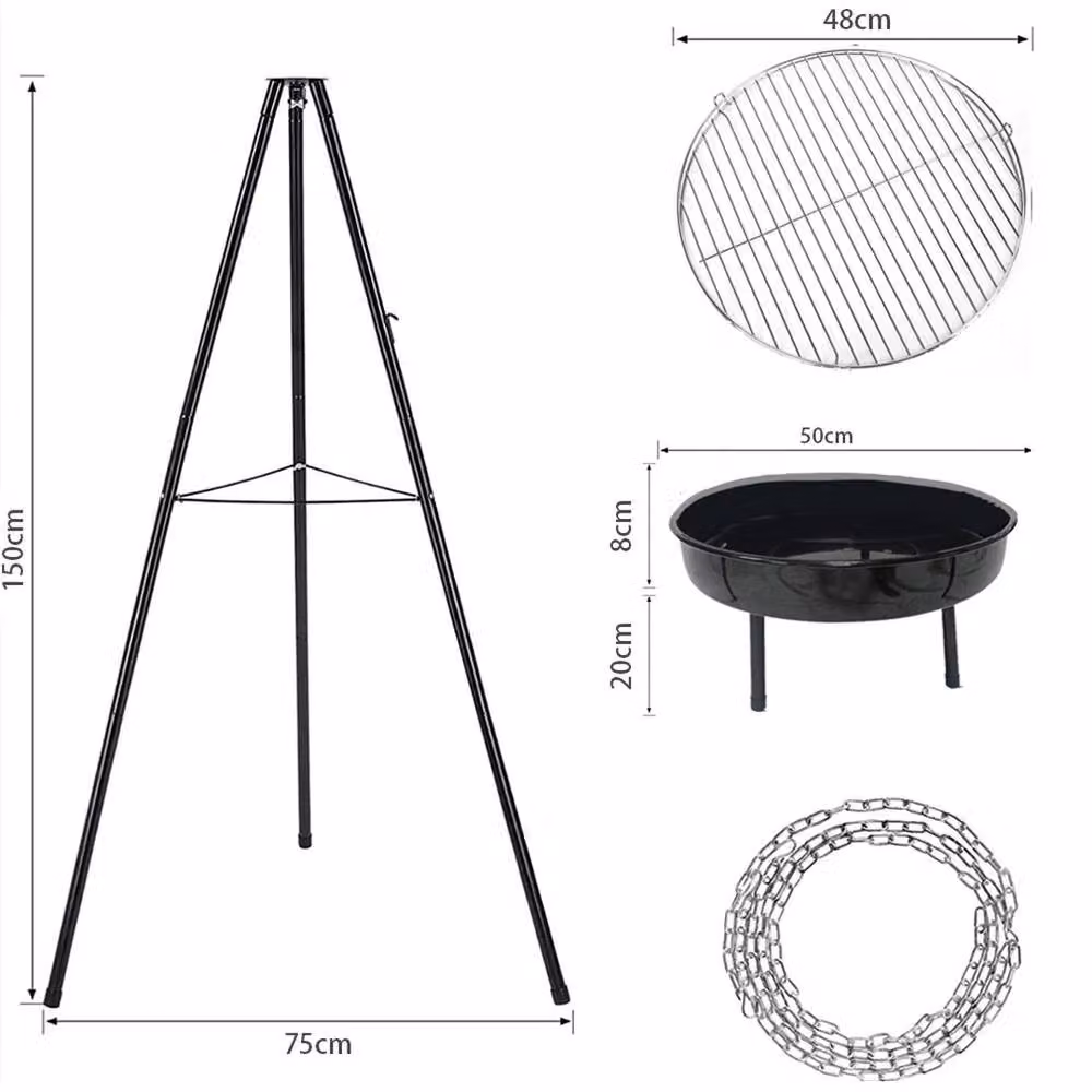 Havendro Adjustable Tripod Fire Pit and Round BBQ Grill in Black with Chrome Charcoal Bowl, H 150 cm x W 75 cm x D 50 cm – 2
