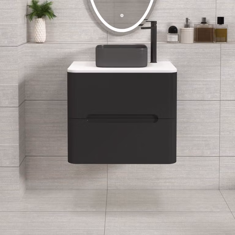 Royal Bathrooms Venice Matt Nocturne Black Wall Hung 2 Drawer Vanity Unit with Plain White Worktop and Art Square Basin, Width: 60 cm