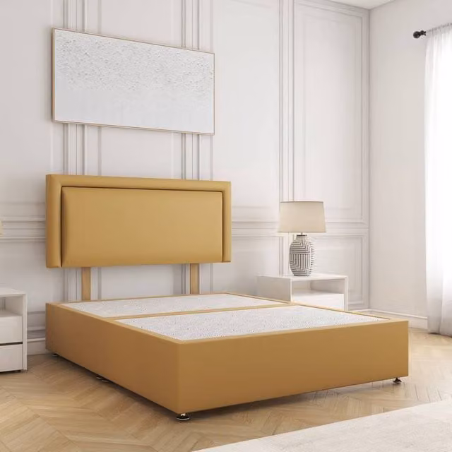 BSSPOKE Ella Double Divan Bed with 24 inch Headboard in Mustard Yellow Plush Velvet, W/D/H: 140 x 200 cm