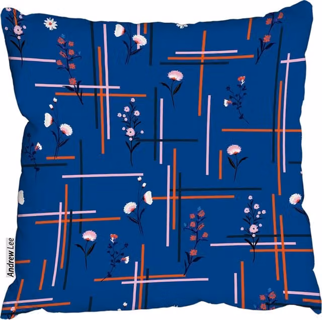 Andrew Lee Blue Floral and Checked Grid Square Fashion Cushion, W: 60 cm, H: 60 cm, D: 1 cm