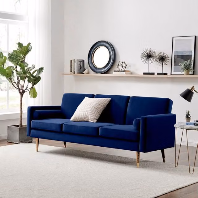 FurnitureboxUK Hugo 3 Seater Blue Velvet Upholstered Click Clack Sofa Bed with Solid Wood Frame and Scatter Cushions