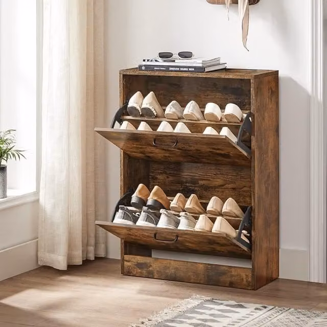 VASAGLE Industrial Slim Shoe Cabinet in Brown with Tilting Compartments and Internal Shelves