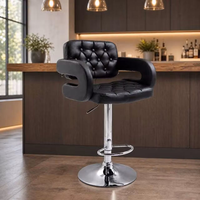 STILVORA Height Adjustable Swivel Bar Stool with Armrests in Black Synthetic Leather – 1