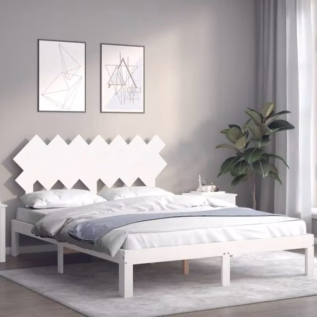 Berkfield Home Beautiful Bed Frame with Headboard in White Solid Pine Wood, W/D/H: 140 x 190 x 80.5 cm