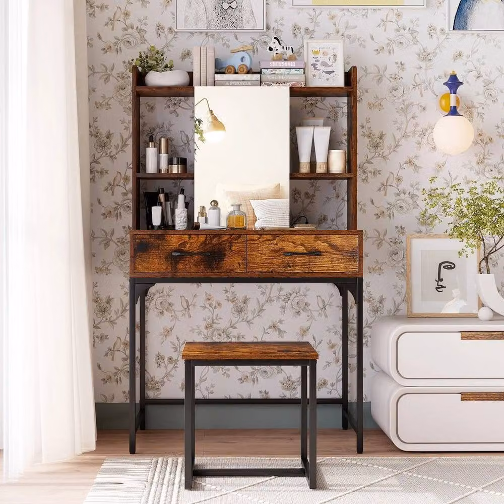 KORVIXA Modern Bedroom Vanity Desk with Mirror and Stool in Brown, W/D/H: 100 x 100 x 100 cm – 3
